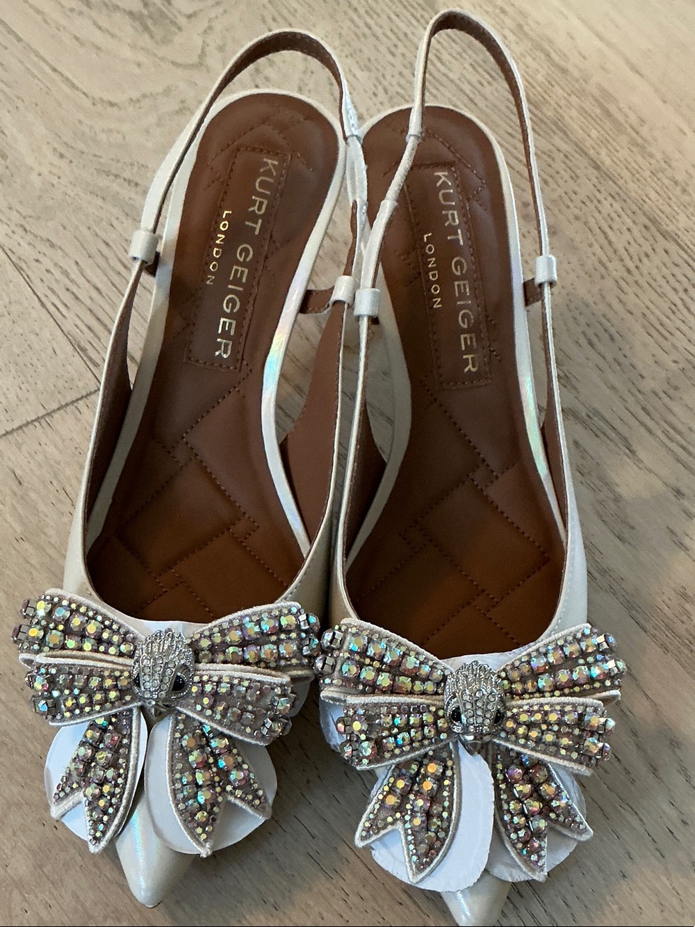 Kurt Geiger White Crystal Bow Pointed Slingback Flats
